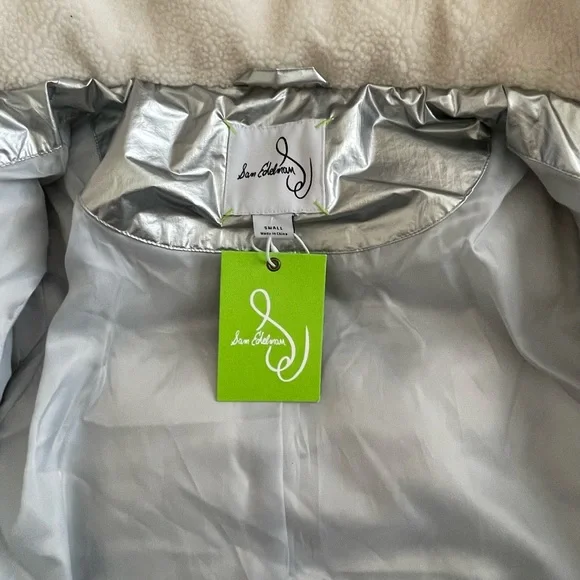Sam Edelman METALLIC FLEECE TRIM HOODED PUFF COAT IN SILVER NWT - Picture 11 of 14